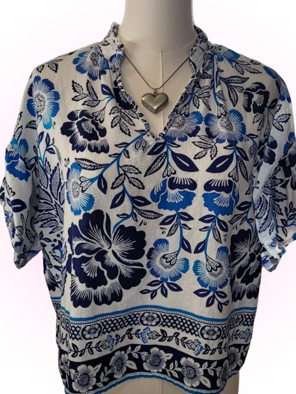 LINEN BLEND FLORAL PRINT CROPPED BLOUSE TOP EUC M
